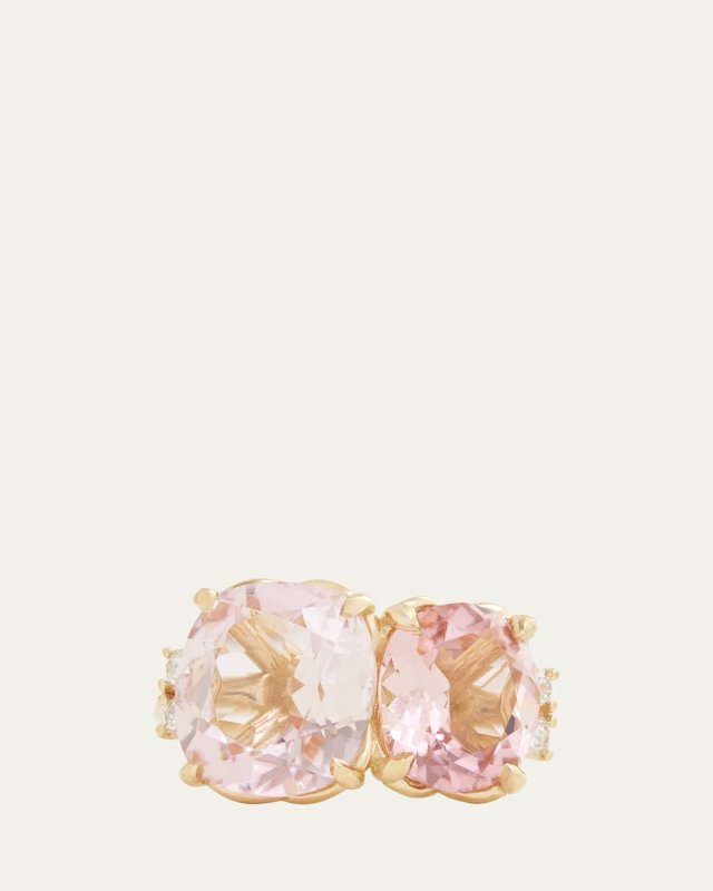 18K Yellow Gold Light Pink Tourmaline Oval and Cushion Cut Ring with Diamonds